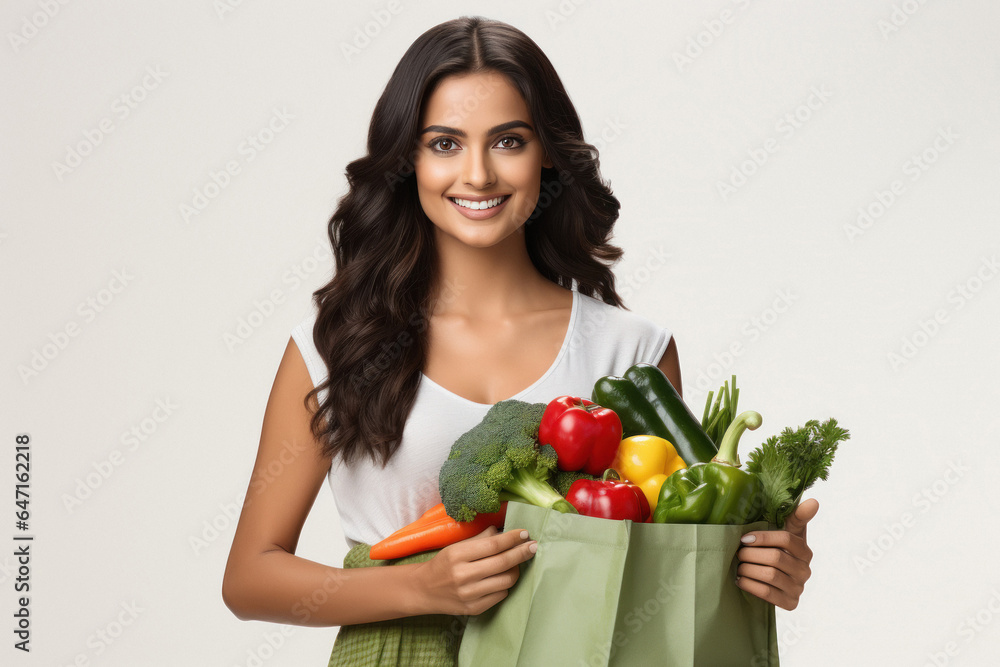 Indian woman holding full of vegetables bag on white background. Indian woman holding full of vegetables bag on white background.
