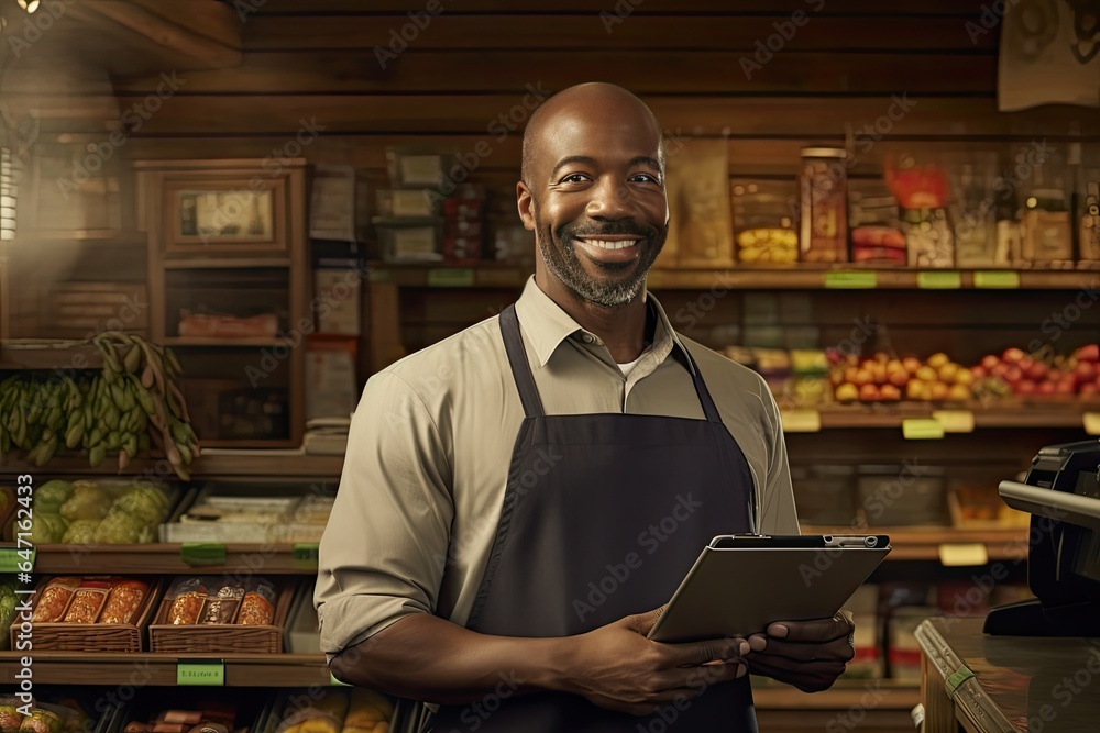 A middle aged African American man who owned a grocery store with a tablet PC. Your own small business in a country of equal opportunities. He stands and openly smiles looking at the camera. A middle aged African American man who owned a grocery store with a tablet PC. Your own small business in a country of equal opportunities. He stands and openly smiles looking at the camera.