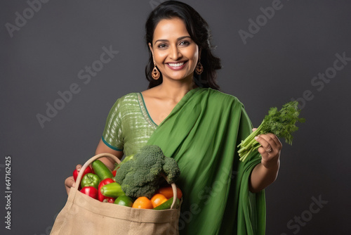 Indian woman holding full of vegetables bag in hand.