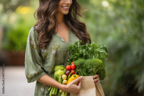 Indian woman holding full of vegetables bag in hand
