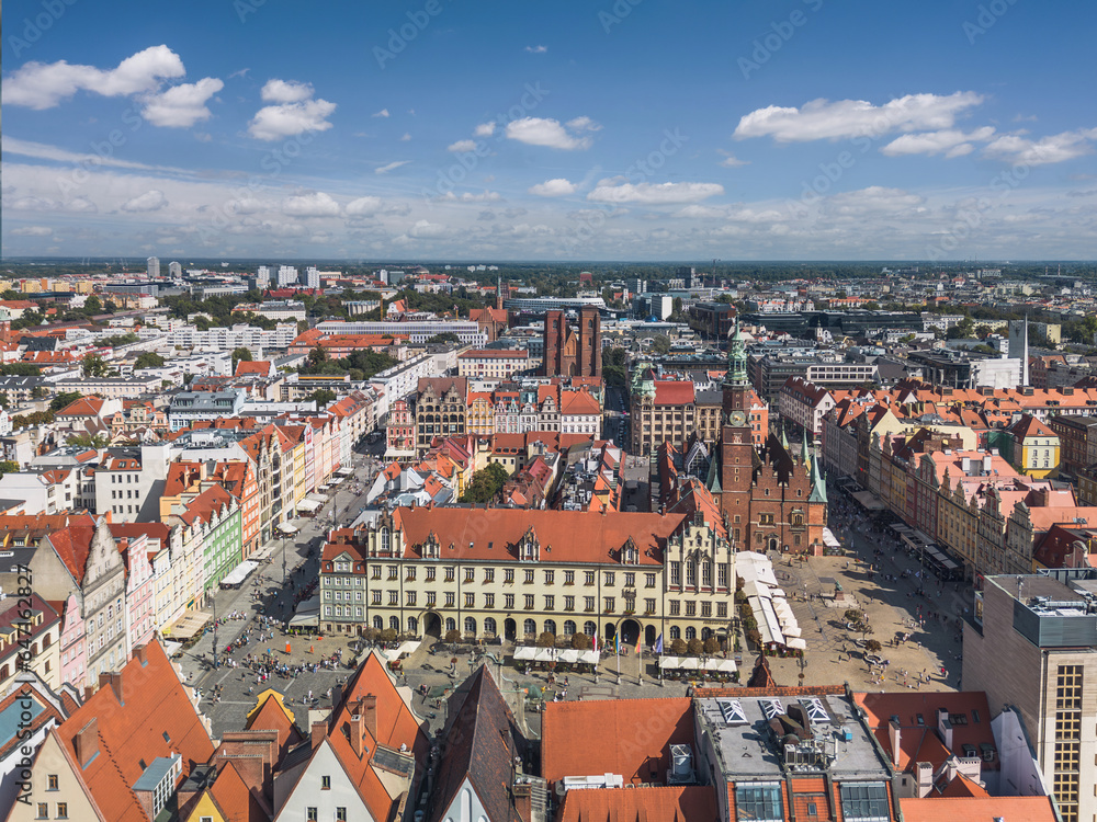 Aerial view of the Old Market square in Wrocław, Poland (Wrocławski Rynek). Panoramic cityscape on a sunny summer day