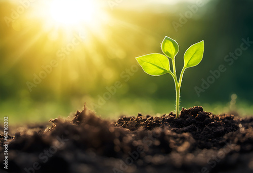 Young little plant sprout growing in the soil - Generative AI photo