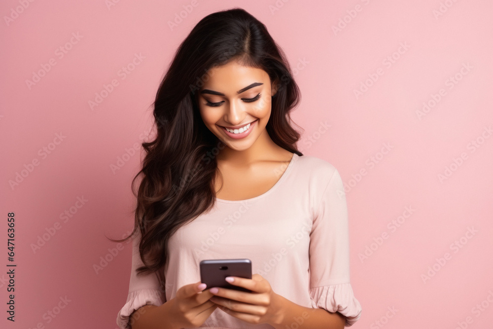 Young woman giving happy expression after looking in smartphone Young woman giving happy expression after looking in smartphone