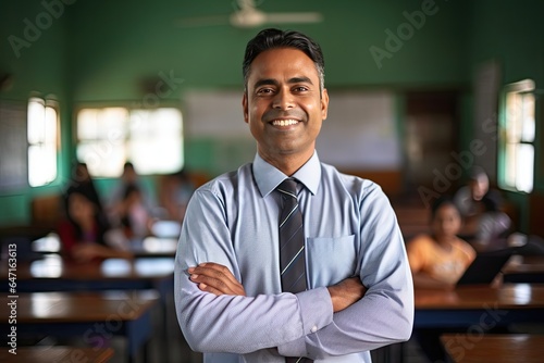 Portrait of smiling middle aged male Indian teacher in a class at elementary school looking at camera with learning students on background.