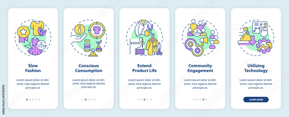 2D icons representing sustainable fashion mobile app screen set. Walkthrough 5 steps colorful graphic instructions with linear icons concept, UI, UX, GUI template. 2D icons representing sustainable fashion mobile app screen set. Walkthrough 5 steps colorful graphic instructions with linear icons concept, UI, UX, GUI template.