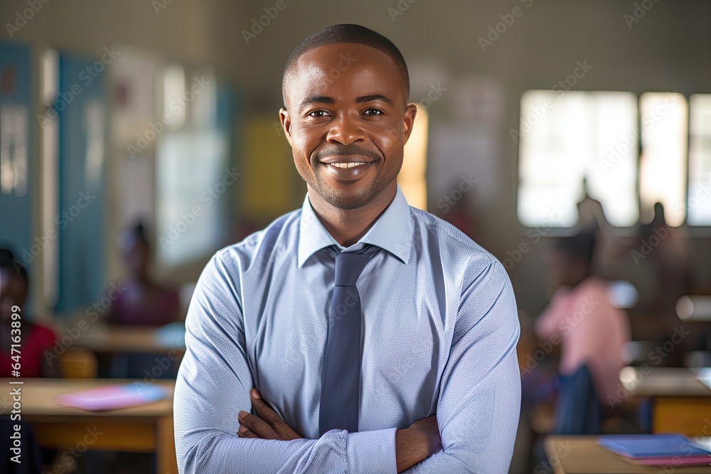 Fototapeta premium Smiling male African American teacher in a class at elementary school looking at camera with learning students on background.