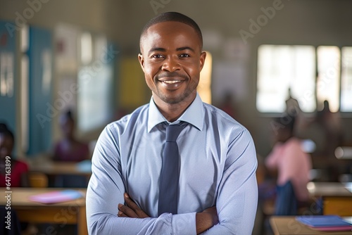 Smiling male African American teacher in a class at elementary school looking at camera with learning students on background.