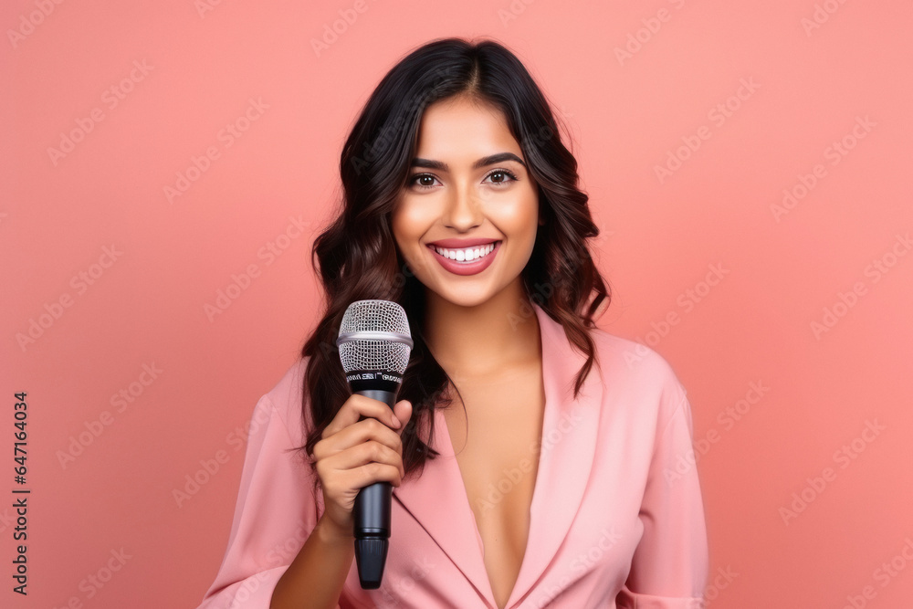 Young woman holding mic in hand and smiling Young woman holding mic in hand and smiling
