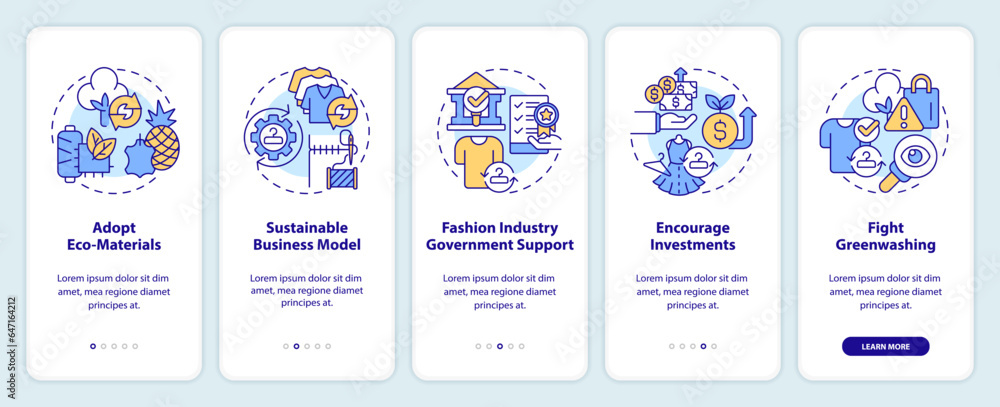 2D icons representing sustainable fashion mobile app screen set. Walkthrough 5 steps colorful graphic instructions with line icons concept, UI, UX, GUI template. 2D icons representing sustainable fashion mobile app screen set. Walkthrough 5 steps colorful graphic instructions with line icons concept, UI, UX, GUI template.