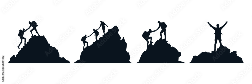 Obraz premium Helping friend reach the mountain top silhouette. Teamwork, together, success, victory, goal, achievement. Vector illustration concept