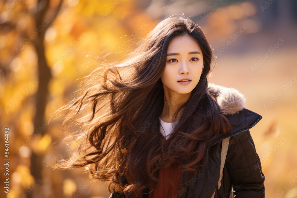 Young smiling Asian woman walking at park in autumn morning Young smiling Asian woman walking at park in autumn morning