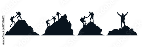 Helping friend reach the mountain top silhouette. Teamwork, together, success, victory, goal, achievement. Vector illustration concept