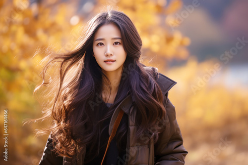 Young smiling Asian woman walking at park in autumn morning