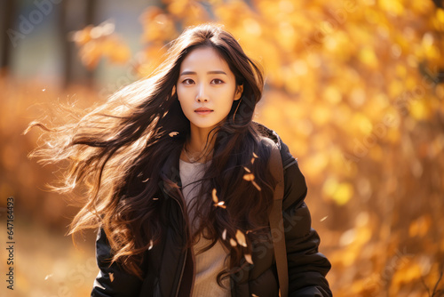 Young smiling Asian woman walking at park in autumn morning