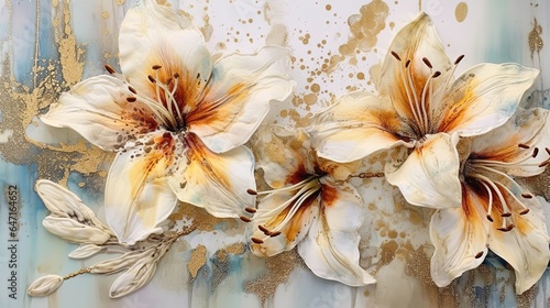 Painting of lily flowers in light gold and white style.