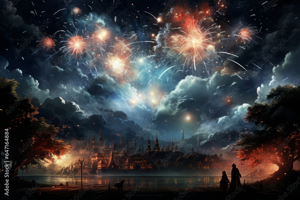Fireworks over the imaginary city. Holiday for school graduates. Blue and dark sky with clouds