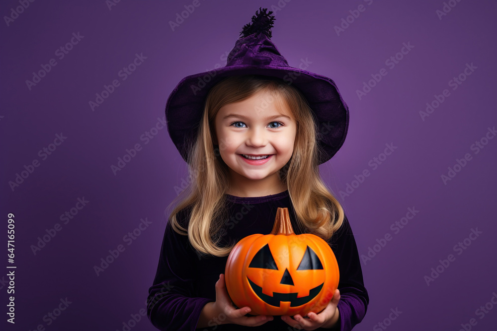 Fototapeta premium a Cute little witch with a pumpkin on color pink background
