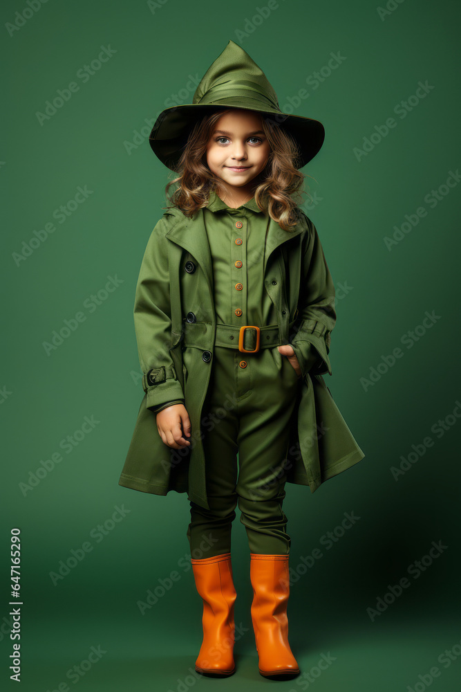 Fototapeta premium Child in Halloween costume on color green background full height