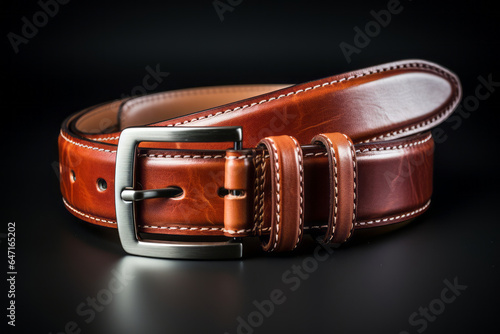 brown leather belt with metal buckle on black background