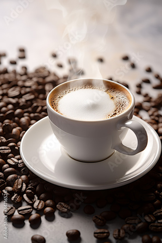 Coffee Cup and Beans on Wooden Table