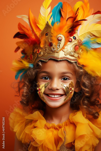Child in carnival costume on color background