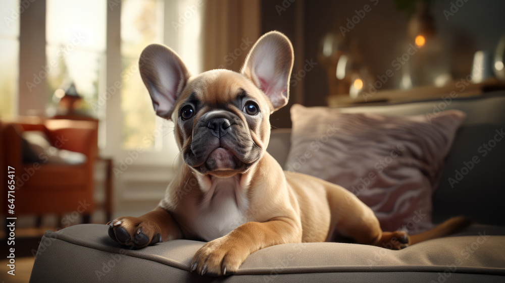 Cute French bulldog sitting on sofa in living room