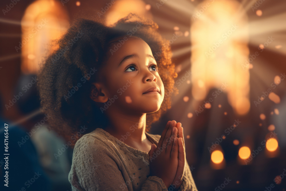 Cute small African American girl praying in the church and Jesus giving blessing - obrazy, fototapety, plakaty 