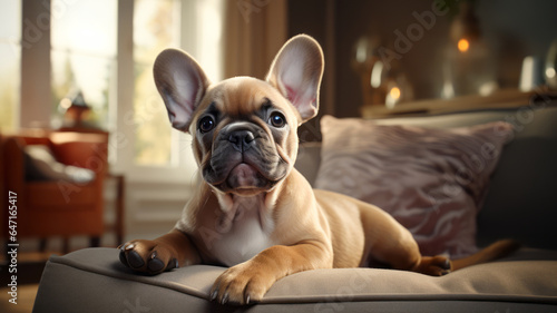 Cute French bulldog sitting on sofa in living room © AI_images