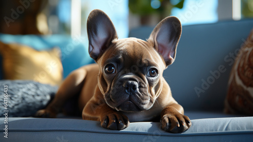 Cute French bulldog sitting on sofa in living room © AI_images