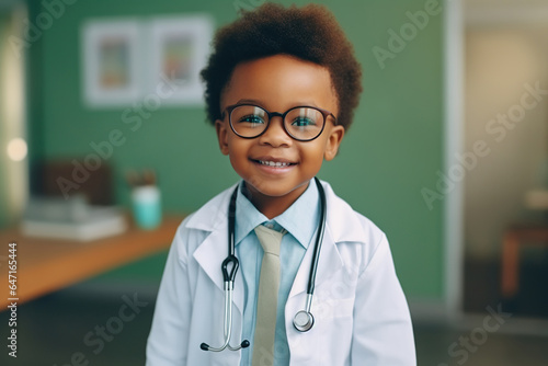 Cute small African American kid boy wear medical uniform