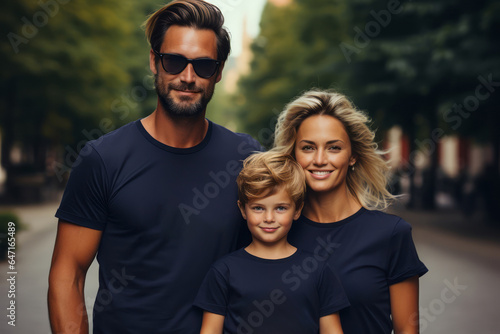 dad and mam and two kids wearing blank navy blue tshirt