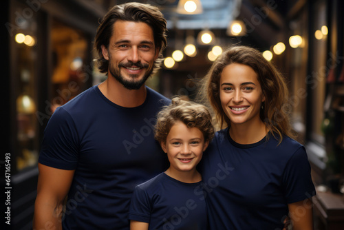 dad and mam and two kids wearing blank navy blue tshirt