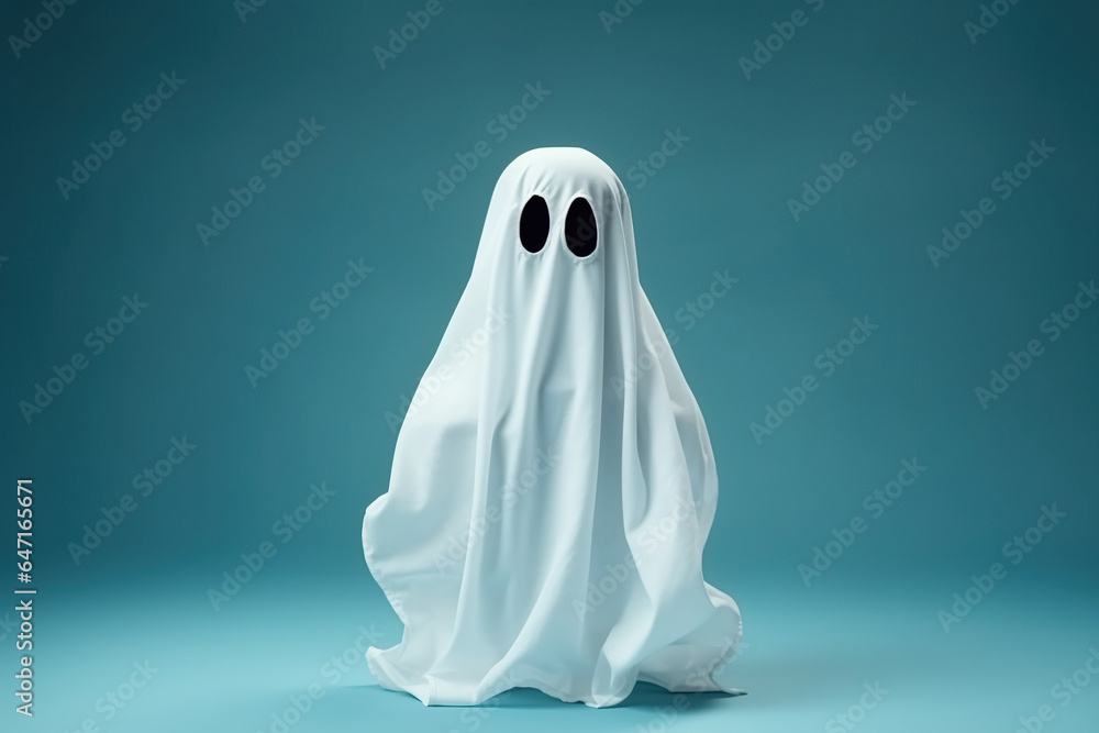 Little cute child with white dressed costume Halloween ghost scary, studio shot isolated on blue background Little cute child with white dressed costume Halloween ghost scary, studio shot isolated on blue background