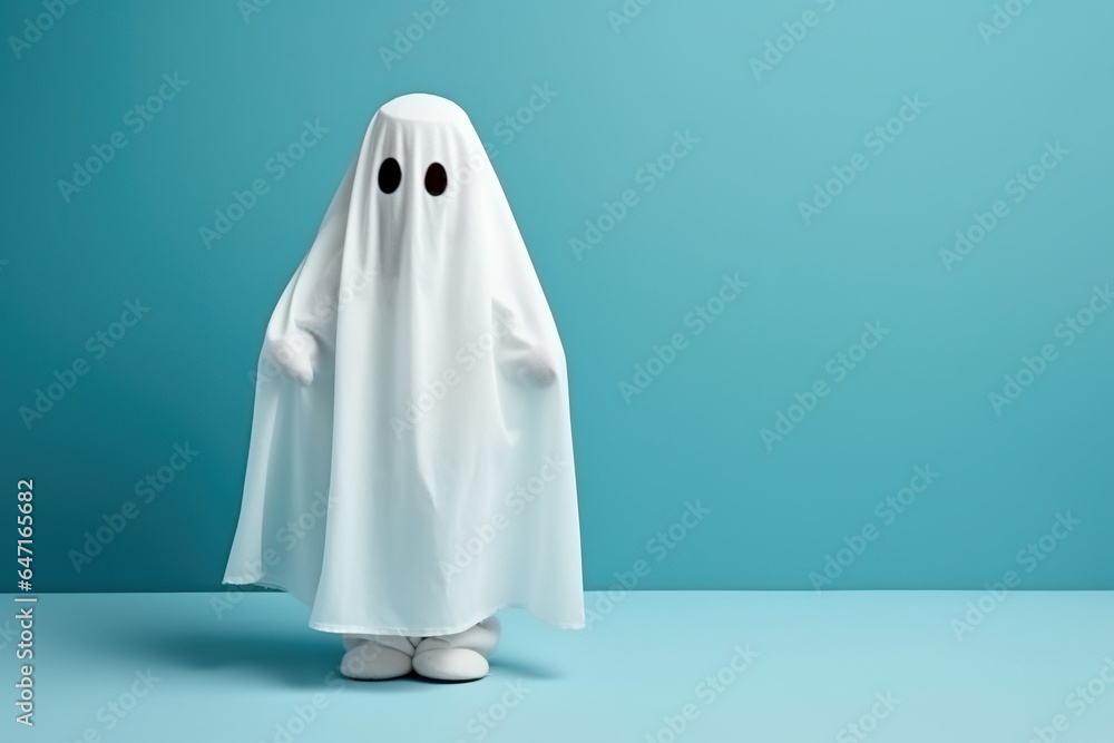 Little cute child with white dressed costume Halloween ghost scary, studio shot isolated on blue background Little cute child with white dressed costume Halloween ghost scary, studio shot isolated on blue background