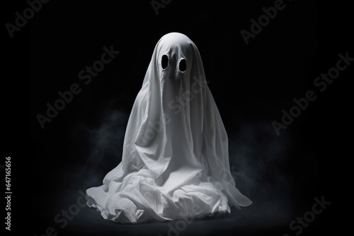 Little cute child with white dressed costume Halloween ghost scary, studio shot isolated on black background