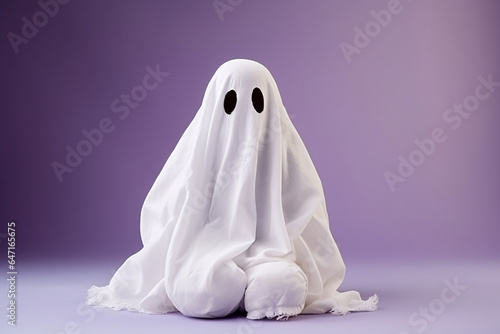 Little cute child with white dressed costume Halloween ghost scary, studio shot isolated on purple background