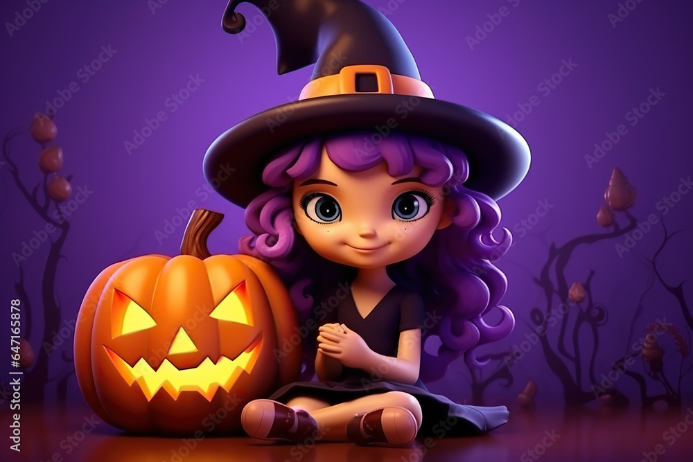 Cute little witch with a pumpkin on violet background. Happy Halloween! Cute little witch with a pumpkin on violet background. Happy Halloween!