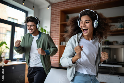Happy funny gen z Latin teen boy and girl wearing headphones dancing at home and listening music