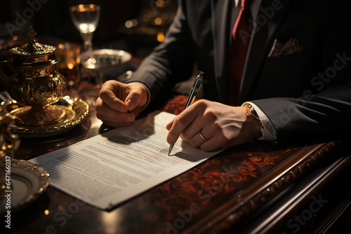 Lawyer hands signing divorce papers inform of upset client