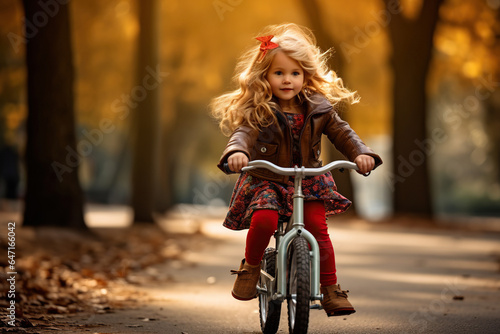 little girl riding bike outdoors in city park © AI_images