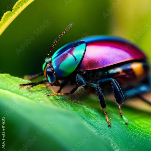 Illustration of a macro shot of a colourful and beautiful insect hanging in a green leaf. © Azka
