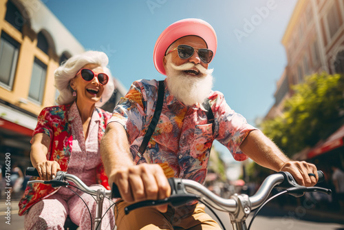 Old Couple riding bicycles outside of the city. © AI_images