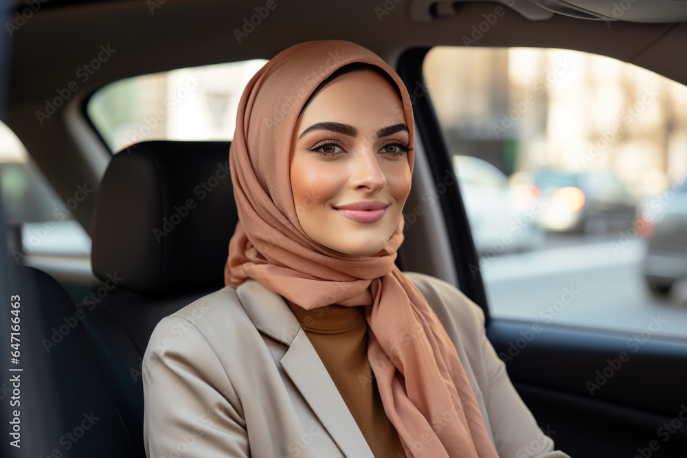 portrait a Cheerful Middle Eastern woman Driving Car
