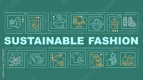 Sustainable fashion text with various thin line icons concept on dark green monochromatic background, editable 2D vector illustration.