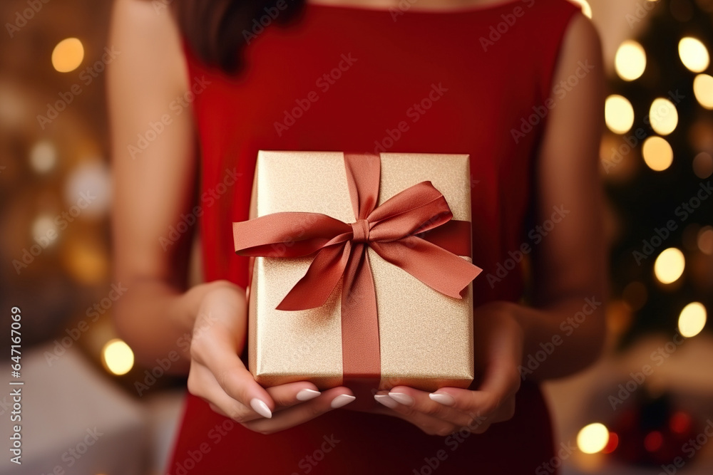 Stylish female holding present with red ribbon Stylish female holding present with red ribbon