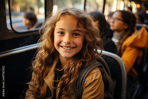 Smiling little schoolgirl getting into the school-bus