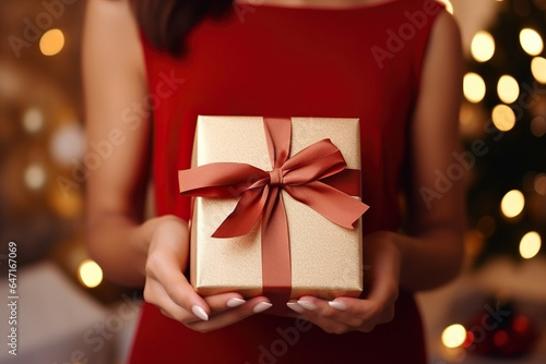 Stylish female holding present with red ribbon