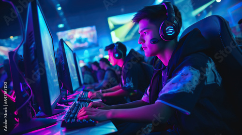 Teenage gamers plays on E-sports tournament event in neon light © AI_images