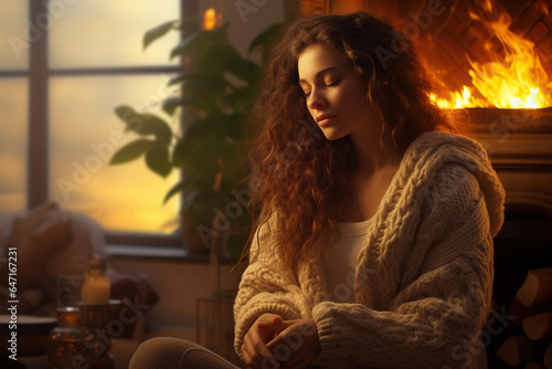 Woman in cozy sweater warming up hands at fireplace in modern room © AI_images