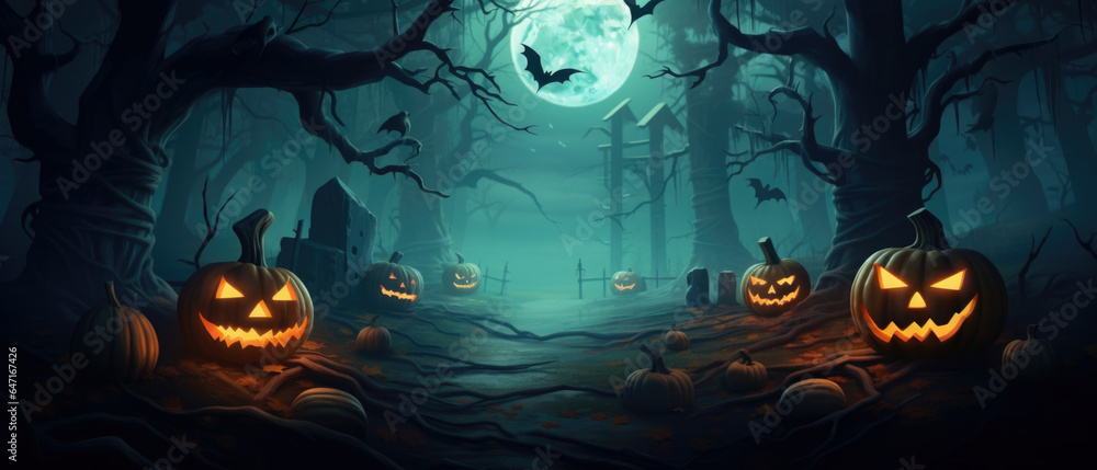 Halloween Pumpkins In Spooky Forest With Tombs At Night - Abstract Defocused Background